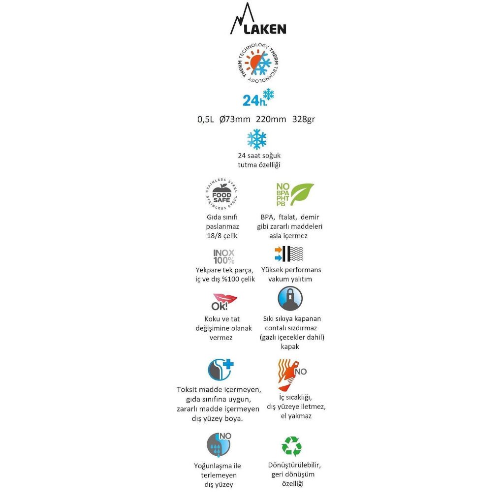 Laken Jannu 0,50 Litre 18/8 Paslanmaz Çelik Şişe Termos